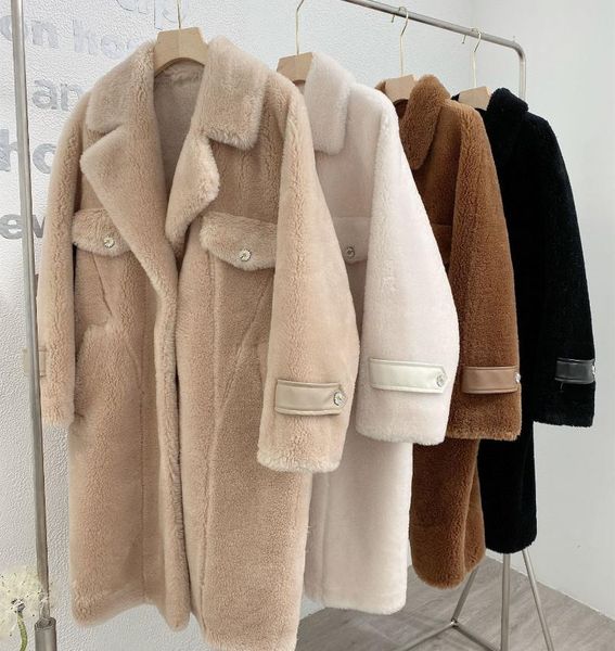 

women's fur & faux winter coat women sheep shearling real clothes 2021 korean long jacket windbreaker manteau femme, Black