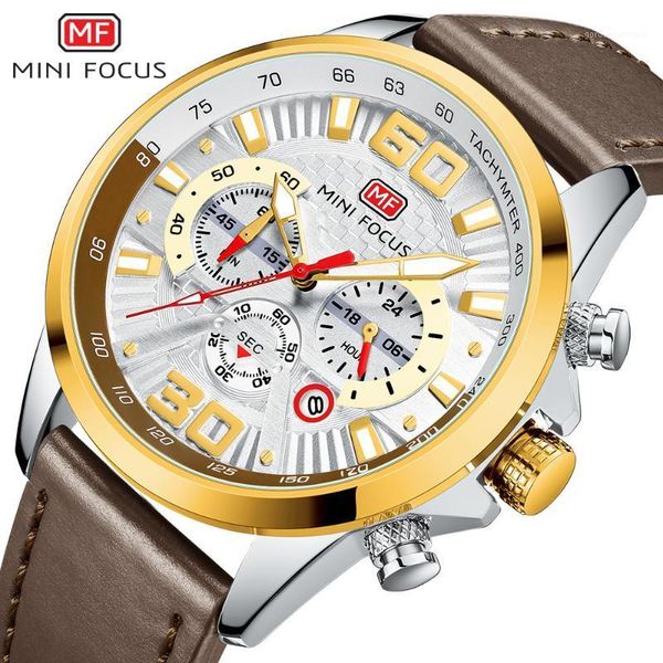 

wristwatches minifocus mens watches business chronograph quartz watch leather strap waterproof male wristwatch drop, Slivery;brown