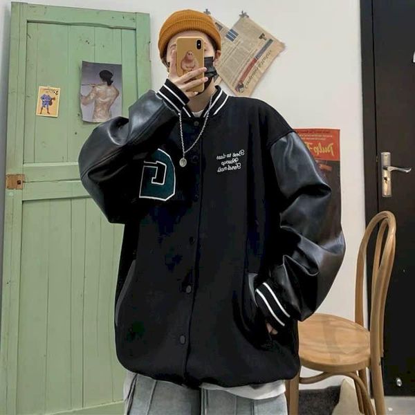 

men's jackets 2021baseball uniform jacket men women hong kong style trend retro light up street stitching leather korean motorcycle top, Black;brown