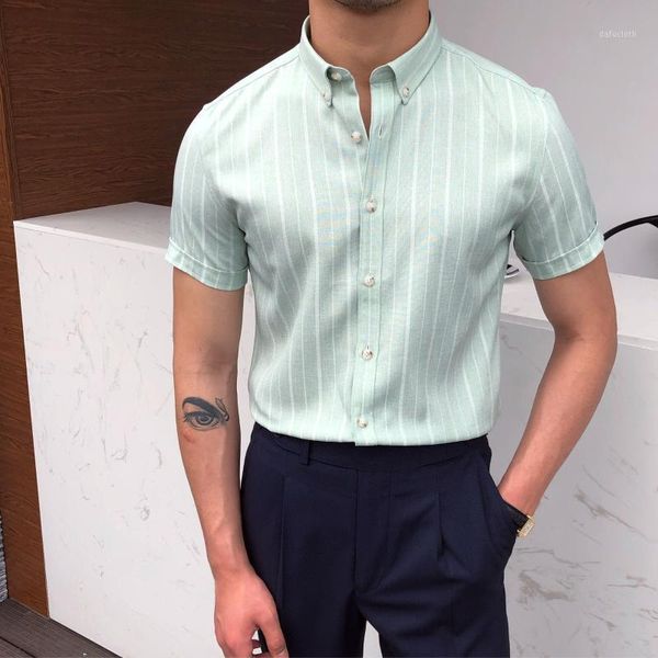

men's casual shirts italian 2021 summer men short sleeve striped shirt british slim retro dress camisa masculina social, White;black