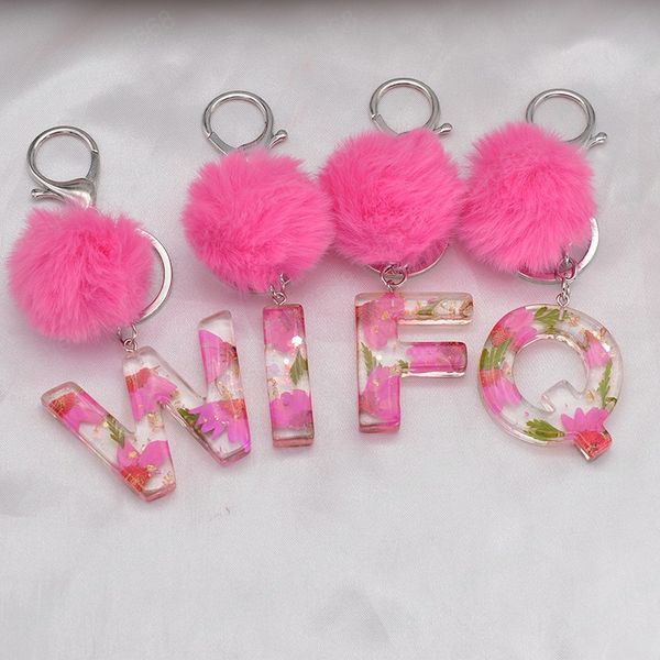 

dried flower letter key chain english alphabet keyring with pompom gradient resin words crafts handbag charms llaveros para mujer, Slivery;golden