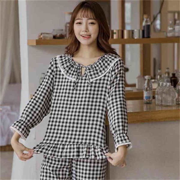 

women's sleepwear sweet doll collar student's sleepwear set long sleeve plaid cotton pajamas women loose lounge wear pijama 2020 p, Black;red