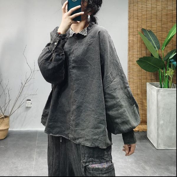 

linen patchwork flax retro women shirts spring autumn plus size, White