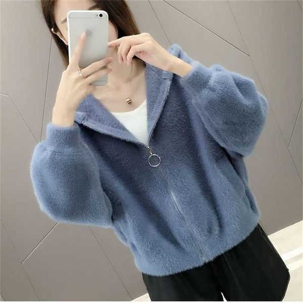 

imitation mink cashmere korean sweater cardigan women's spring hooded zipper knitted jacket solid color loose short outwear 211018, White;black
