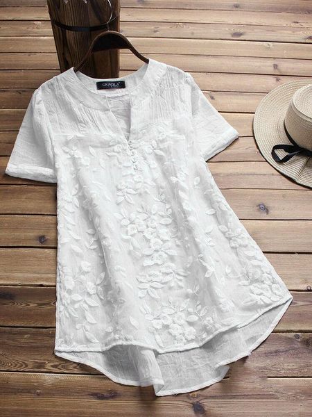 

women's blouses & shirts womens short sleeve baggy loose floral print shirt casual blouse v neck beach plain vintage summer soft cloth, White