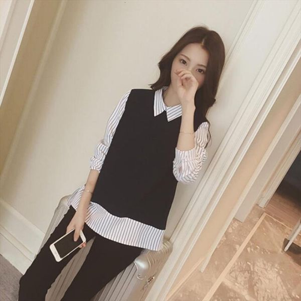 

lapel long sleeved slim womens blouses section fake two piece girl and, White