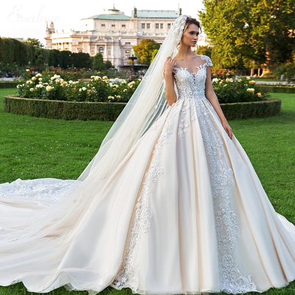 

other wedding dresses evalove gorgeous appliques beading chapel train ball gown dress elegant scoop neck cap sleeve custom vintage bridal, White