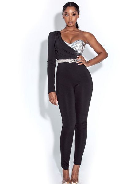 

dress black one shoulder stretch bodycon bandage evening party jumpsuit, Black;gray
