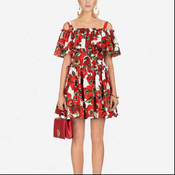 

off shoulder rose women dress floral print short summer slash neck charming flower holiday spaghetti strap, Black;gray