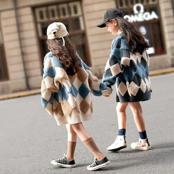 

girls knitwear coats mixed colours plaid cardigan sweater autumn knitted overcoats thicken sweaters casual v-neck long sweaters, White