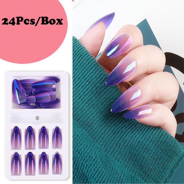 

24pcs/box gradient ballerina fake nails press on fashion wearable stiletto long colorful artificial full cover nail tips1, Red;gold
