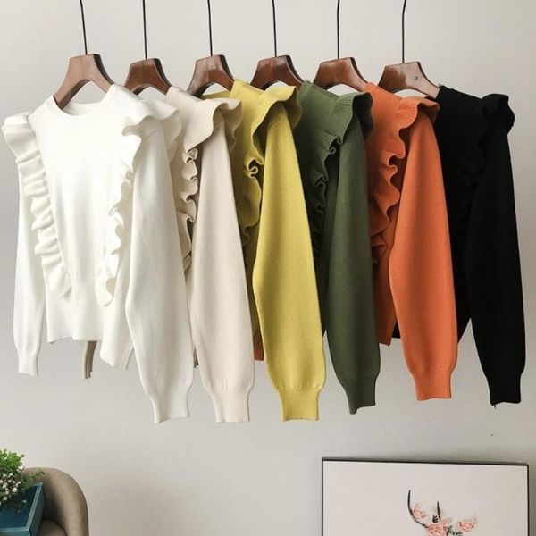 

women's sweaters korean style sweet ruffles patchwork jumpers autumn winter simple solid loose sweater women o-neck long sleeve knit pu, White;black