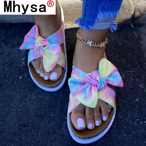 

women slippers leopard rainbow color bow-tie sandals open round toe flats beach slides shoes sandal 2021 summer, Black