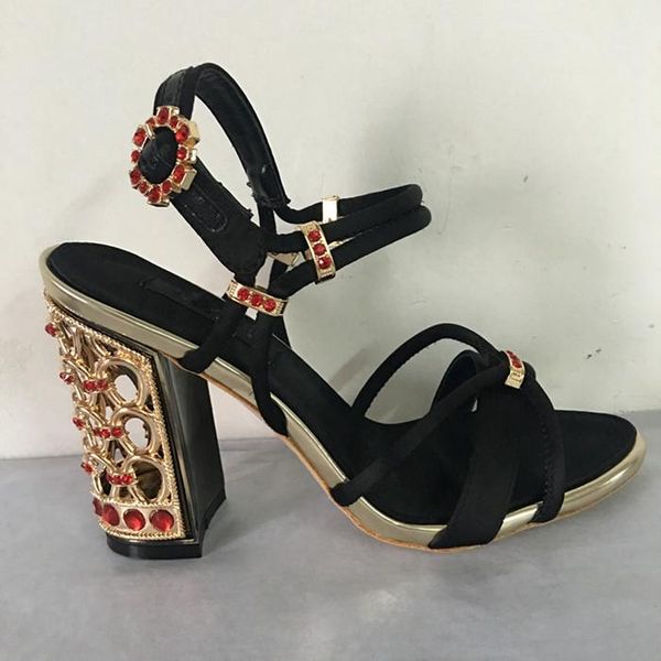 

fashion roman style hollow chunky heel rhinestone sandal strap diamond high real pos sandals, Black