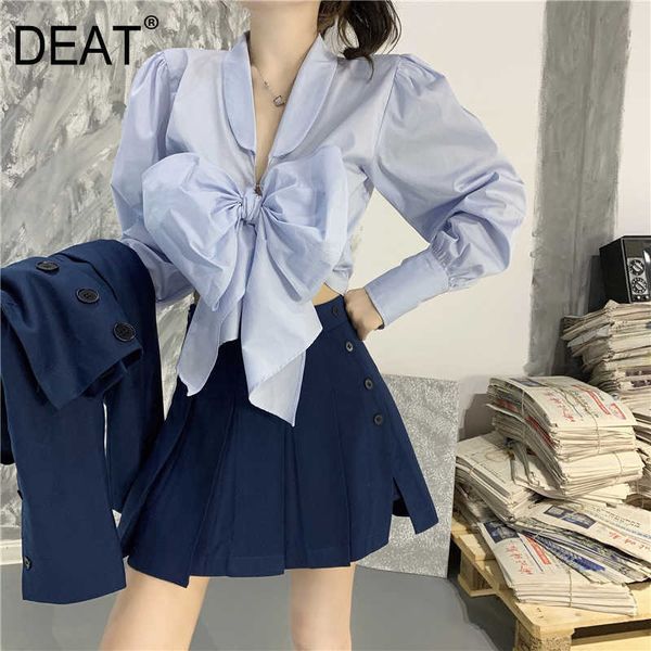 

[deat] summer fashion chic solid color v-neck long sleeve bow temperament elegant women shirt 13q083 210527, White