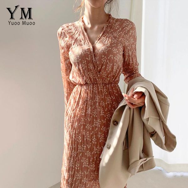 

casual dresses yuoomuoo elegant spring autumn print long dress women ruffles sleeve v-neck pleated chic high waist chiffon, Black;gray