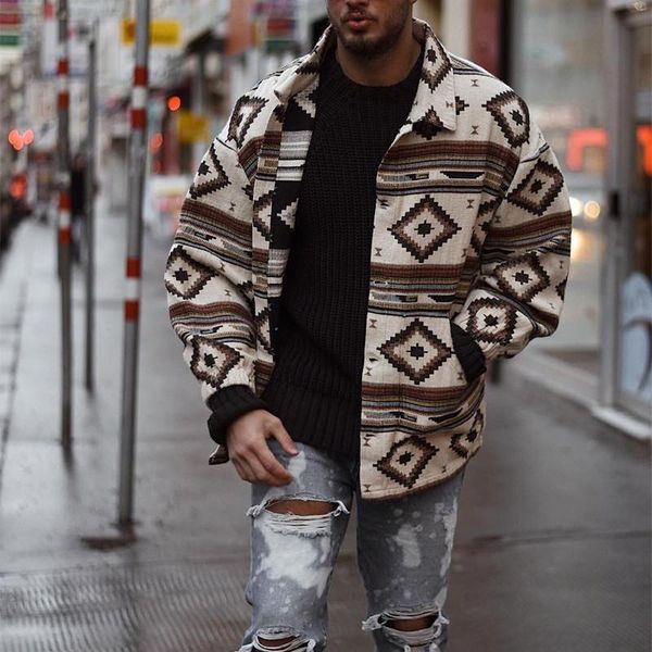

men's jackets autumn and winter fashion england style geometric pattern printed lapel jacket men loose coats 2021, Black;brown