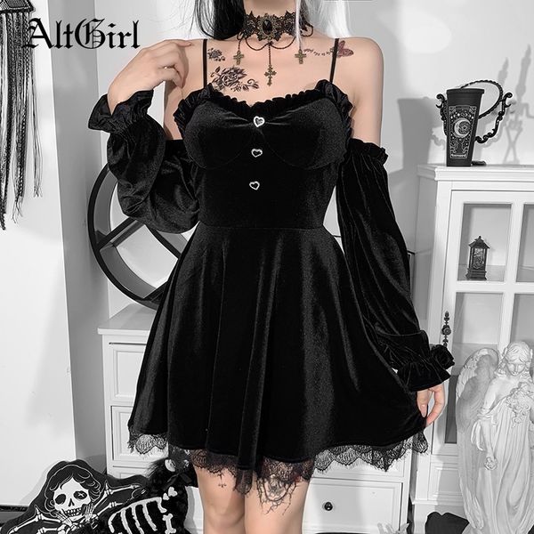 

altgirl gothic lolita velvet dress women fairy grunge dark goth vintage lace trim ruffle dress aesthetic emo alt elegant dresses y2k punk hi, Black;gray