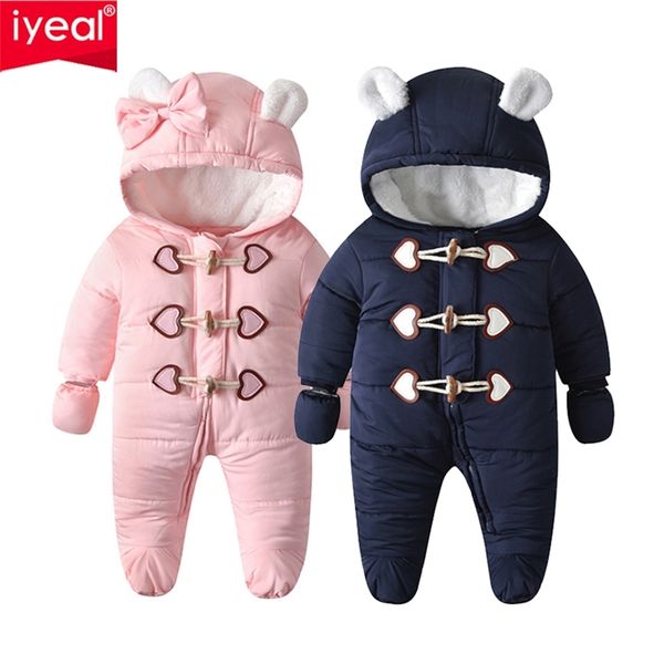 Iyeal bebê inverno romper para menino nascido roupas menino toddler jumpsuit macacão azul botão quente outerwear roupa infantil 211011
