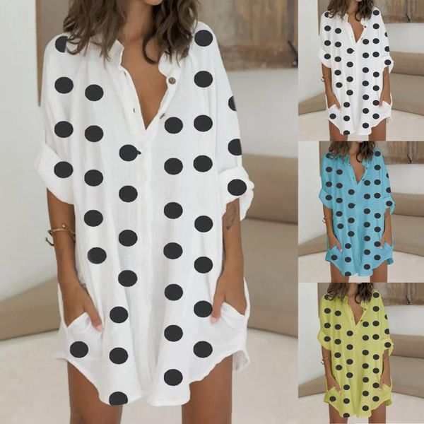 

casual dresses women shirt dress fashion polka-dot loose long sleeve lace buttons summer beach robe chemise femme, Black;gray
