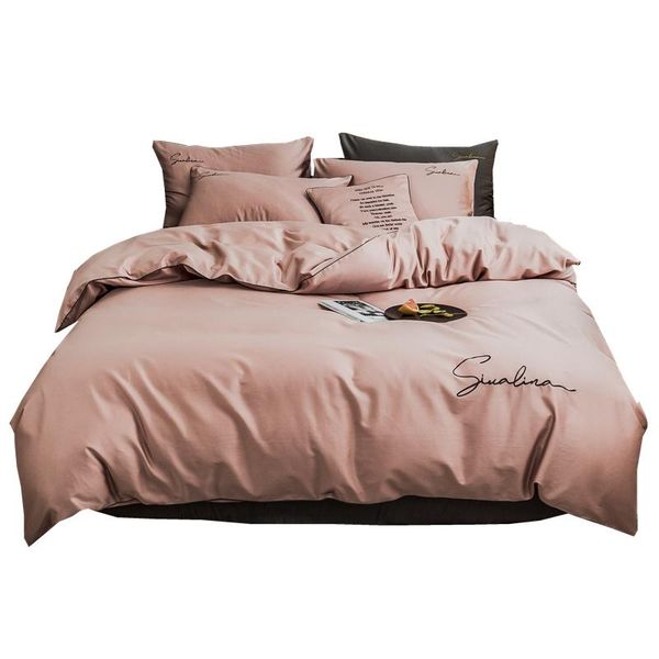 

bedding sets 2021 four-piece simple cotton double household bed sheet quilt cover embroidered piping comfortable bean pink