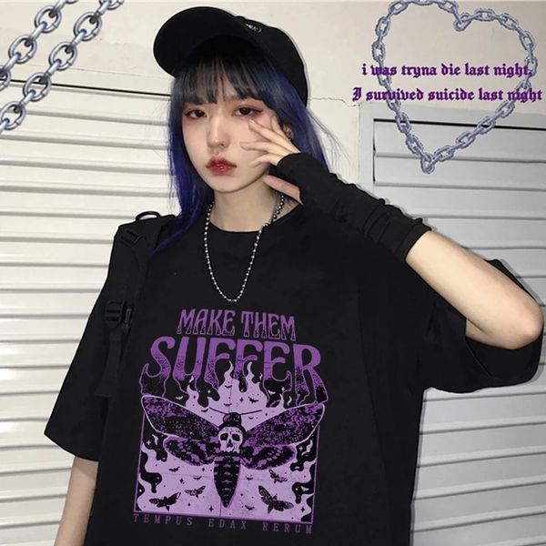 

punk style women's t shirt butterfly dark letters short-sleeved clothes street loose o-neck summer tee vintage accessory, White