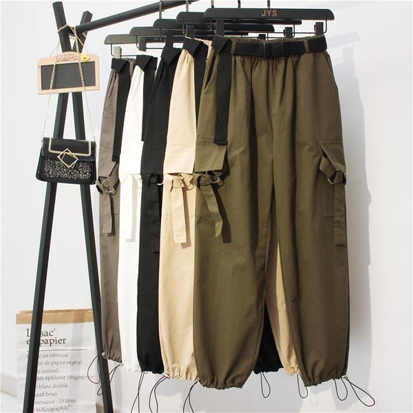 

casual high waist pants women loose trousers 2021 autumn cargo solid cotton clothes with safari style women's & capris, Black;white