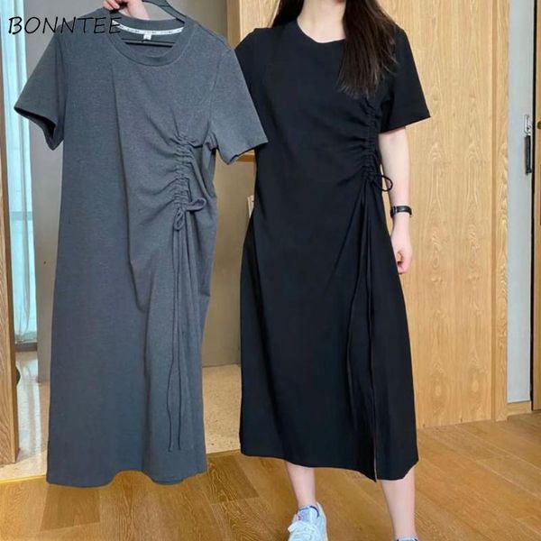 

casual dresses oversize women dress summer chic shirring korean style mid-calf short sleeve o-neck all-match street female vestido, Black;gray