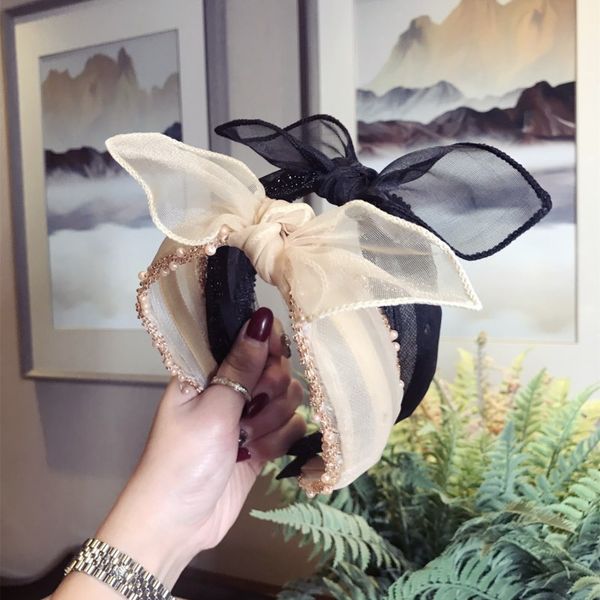 

gauze lace headband beaded bow wide brim headband for women 211117, Silver