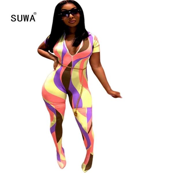 

women's jumpsuits & rompers ribbed fitness active wear womens jumpsuit printing v neck fashion 2021 short sleeve workout sporty, Black;white