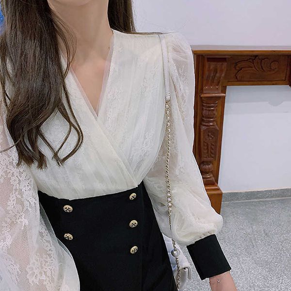 

women's t-shirt spring fashionable ladies thin double-breasted lace long sleeve shreds dress 9247 fd1u, White