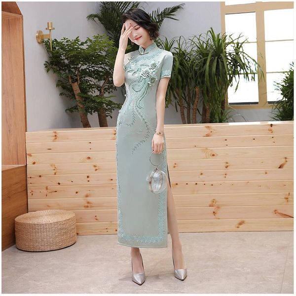 Roupas étnicas Senhora Sexy Cetim Qipao Clássico Bordado Flor Chengsam Vintage Azul Chinês Vestido Slim Vestidos Vestidos Plus Size 3XL 4x