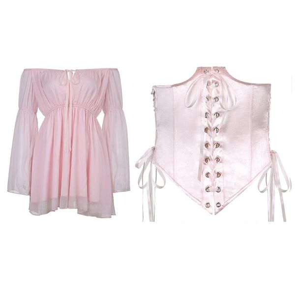 

belts pink chiffon dress long flared sleeves corset women clothing summer skirt strapless with hollow waist shaping bandage, Black;brown