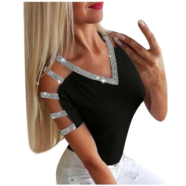 

women's blouses & shirts women rhinestone blouse cutout sparkly cold shoulder short sleeve party pullover casual ladies tee, White