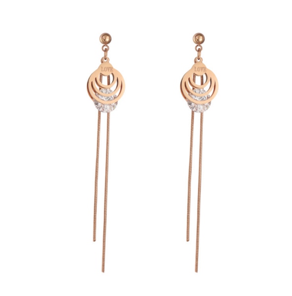 

stud 316l stainless steel titanium geometric hollow round zircon tassel earrings female long no fade, Golden;silver