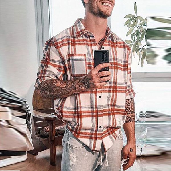 

men's casual shirts 2021 autumn plaid long sleeve turn-down collar button cardigan for men fashion shirt harajuku streetwear, White;black