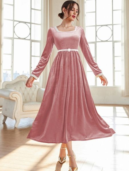 

guipure lace insert velvet dress without belt a96k#, Black;gray