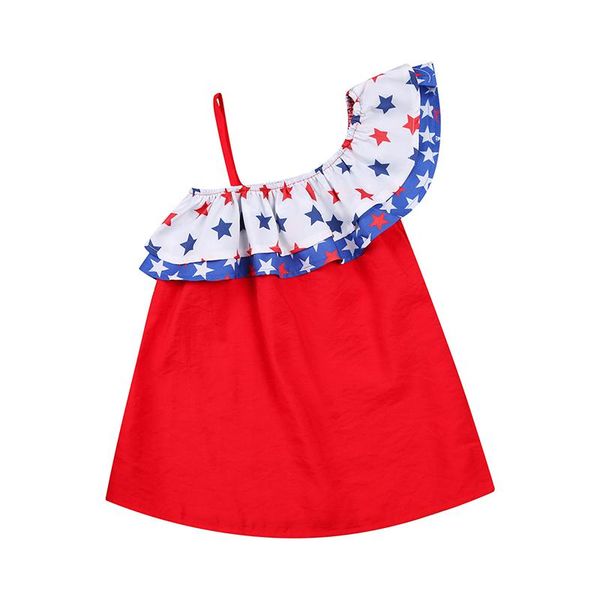 

girl's dresses 2-6t kids girls dress stars printed sleeveless ruffled neckline one-shoulder sling for summer children casual 2021, Red;yellow