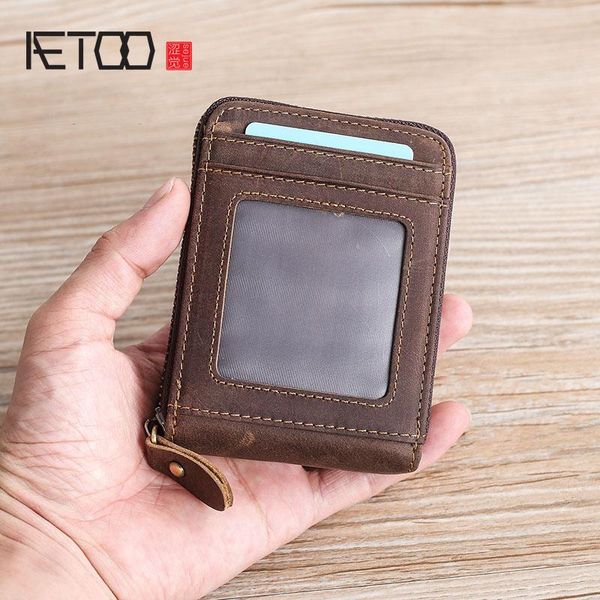 

card holders aetoo true pickup bag, men's handmade vintage multi-card bit wallet, simple head-layer cowhide short zero wallet, Brown;gray