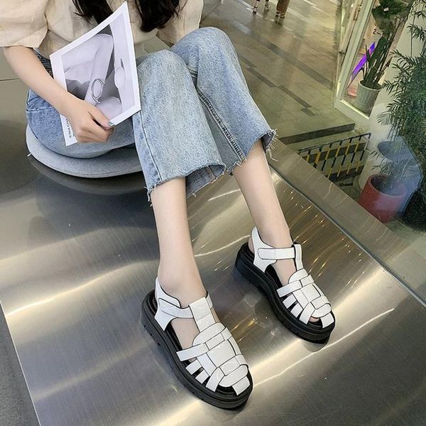 

sandals roman women round toe one-word buckle baotou white house shoes woman fashion pu weave black flat summer sandal