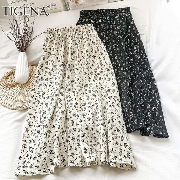 

summer long floral print skirt women casual holiday beach a line elastic high waist female ladies korean style skirts, Black