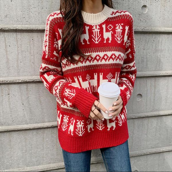 

women's sweaters women korean christmas vintage red o-neck twist loose casual knitting pullovers thicked warm sweater, White;black