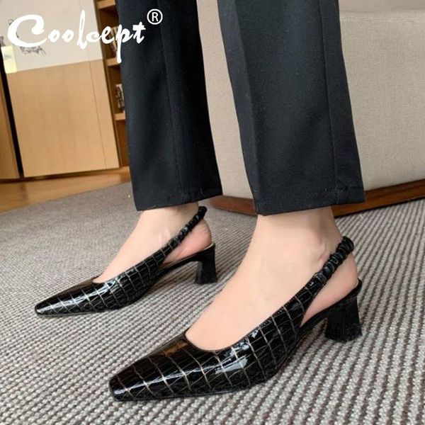 

dress shoes coolcept women pumps fashion stone pattern patent leather slingbacks square toe slip on footwear size 34-39, Black