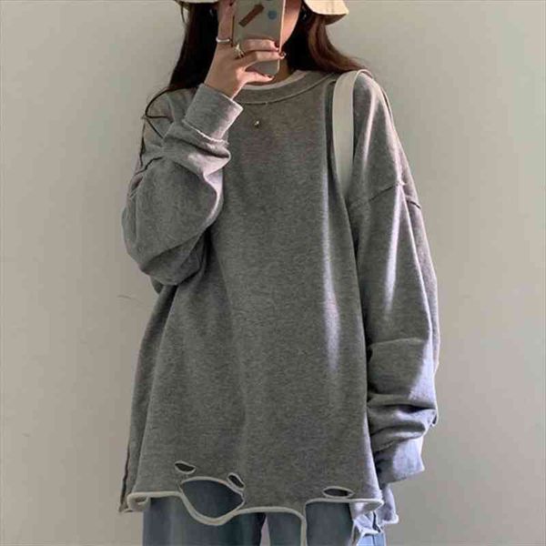 

harajuku long sleeve hole female grey pullovers autumn winter thin cotton long women sweatshirt oversized solid hoodies, Black