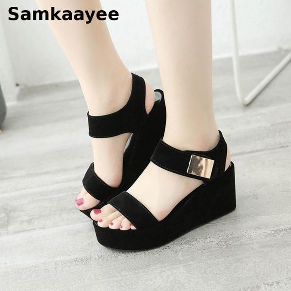

dress shoes size 35-41 women sandals summer female wedges platform mujer pumps flock high heels thick bottom solid black sandalias y26