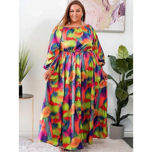 

plus size dresses 3xl 4xl 5xl women long oversized robe printed contrast color fashion button loose dress party femme vestidos, Black