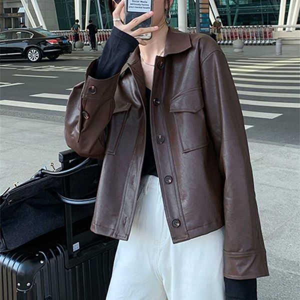 

nerazzurri spring oversized short soft brown leather jacket women long sleeve korean fashion clothing for womens streetwear 211007, Black