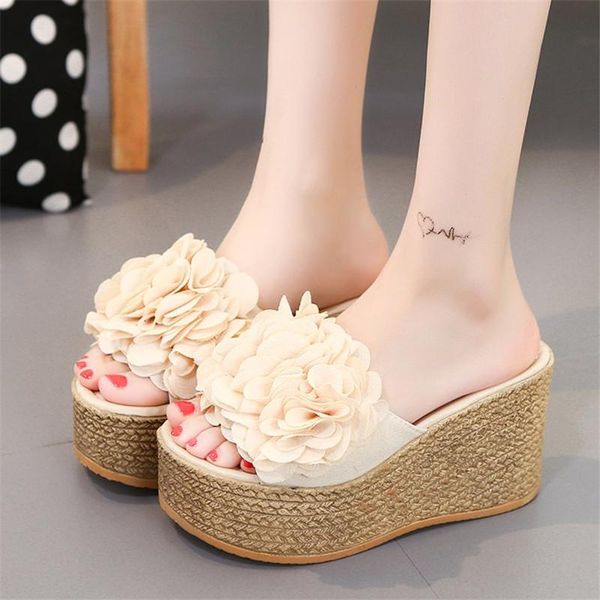

slippers 2021 summer women 9cm wedges high heel slipper fashion platform open toe beach sandals female outdoor flowers flip flops, Black