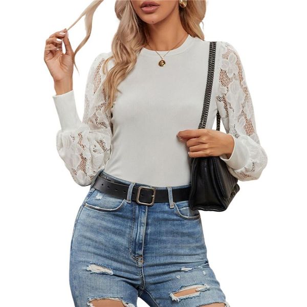 

women's blouses & shirts lace elegant fashion 2021 plus size woman shirt o-neck neck casual office and blouse, White