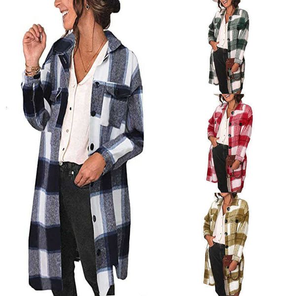 

plaid wool coat women's 2021 autumn and winter lapel button long casual women, Black